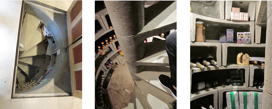 (L-R) Looking down into the spiral cellar, headed down the steep steps, the storage shelves
