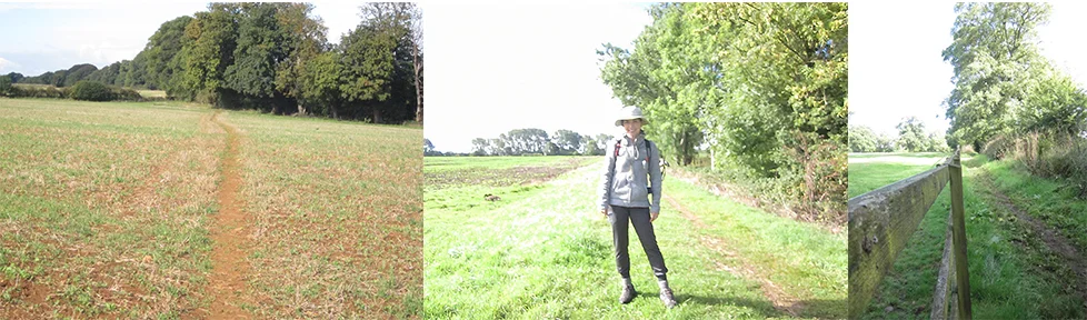 (L-R) A diagonal path through a field, me--happy on a path alongside a field, a wooden gate that must be opened and securely closed behind you. 
