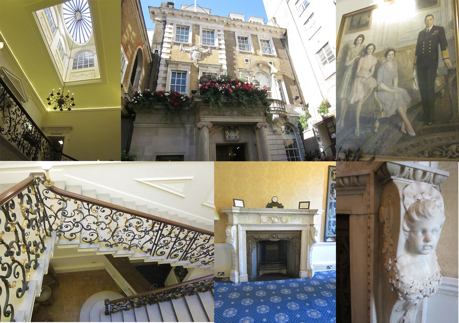 (Clockwise, L-R) The Lantern ceiling above the wrought iron staircase, the exterior of the Royal Overseas League, Queen Elizabeth's reputedly favorite family portrait, possible likeness of the Duchess of Rutland's lost brother?, the Duchess of Rutland's fireplace in her dressing room, the wrought iron staircase.