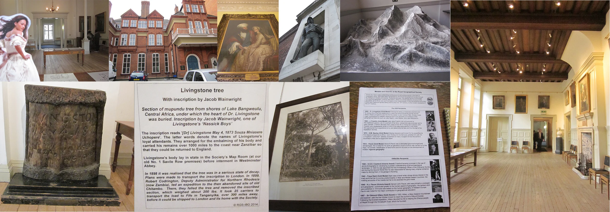 (L-R, Clockwise: Charlotte finally admitted to the RGS!, Exterior of Lowther Lodge/site of the RGS, James Silk Buckingham, Ext. statue of Livingstone, plaster model of Everest, the main hall of the RGS, former medal recipients, final 3 pictures of the "Livingstone Tree"