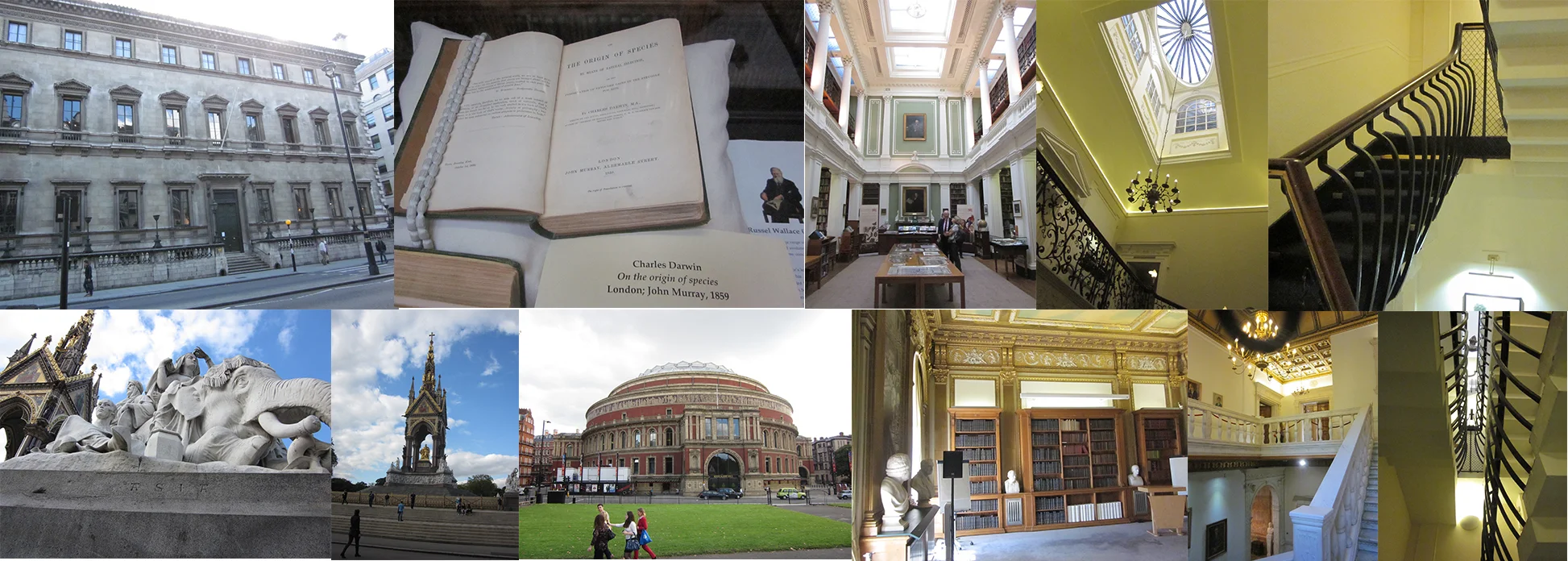 (L-R, clockwise) The Reform Club, Origin of Species at Linnean Society, Linnean Society Library, the lantern ceiling at the Royal Overseas League, bowed railings at Royal Overseas League, another view of the bowed railings/crinoline staircase, the Royal Society stairwell, the Royal Society library, Royal Albert Hall across from Hyde Park, the Albert Memorial in Hyde Park, detail of the Albert Memorial