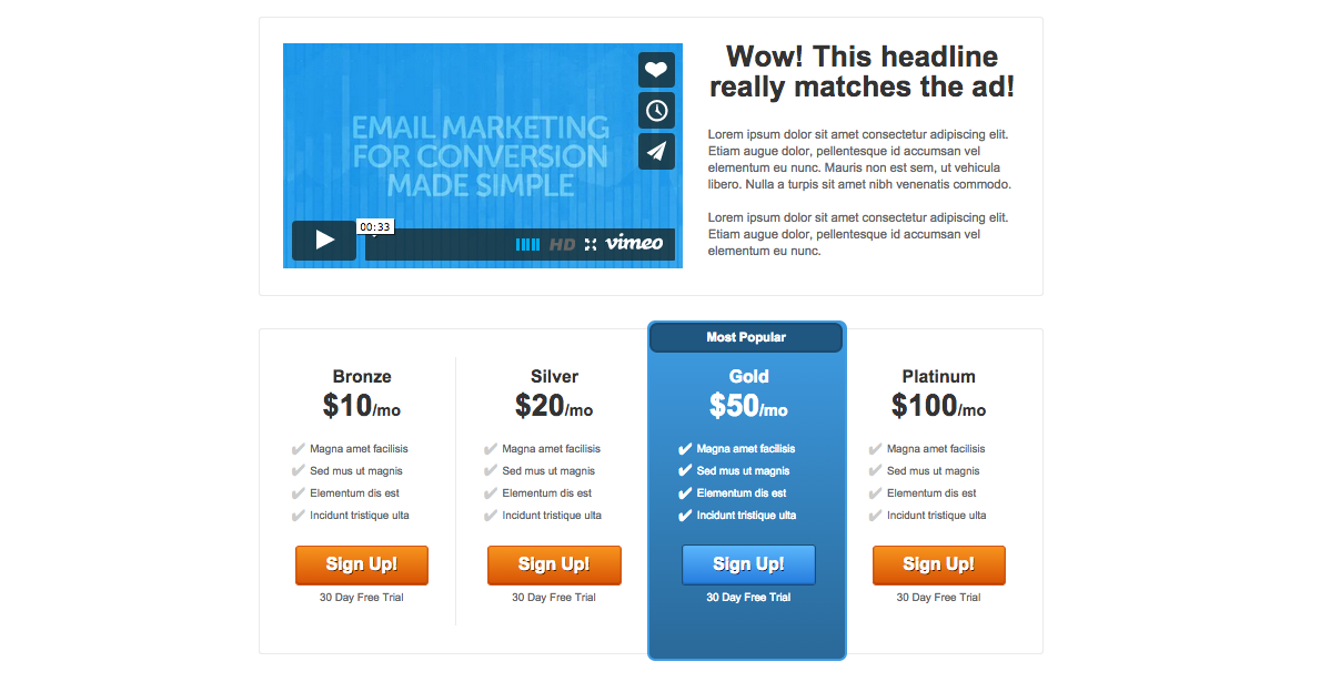Example of a test pricing page (this version has multiple pricing levels, which one could test against a version that featured, say, 50% higher prices ($15, $30, $75, $150)