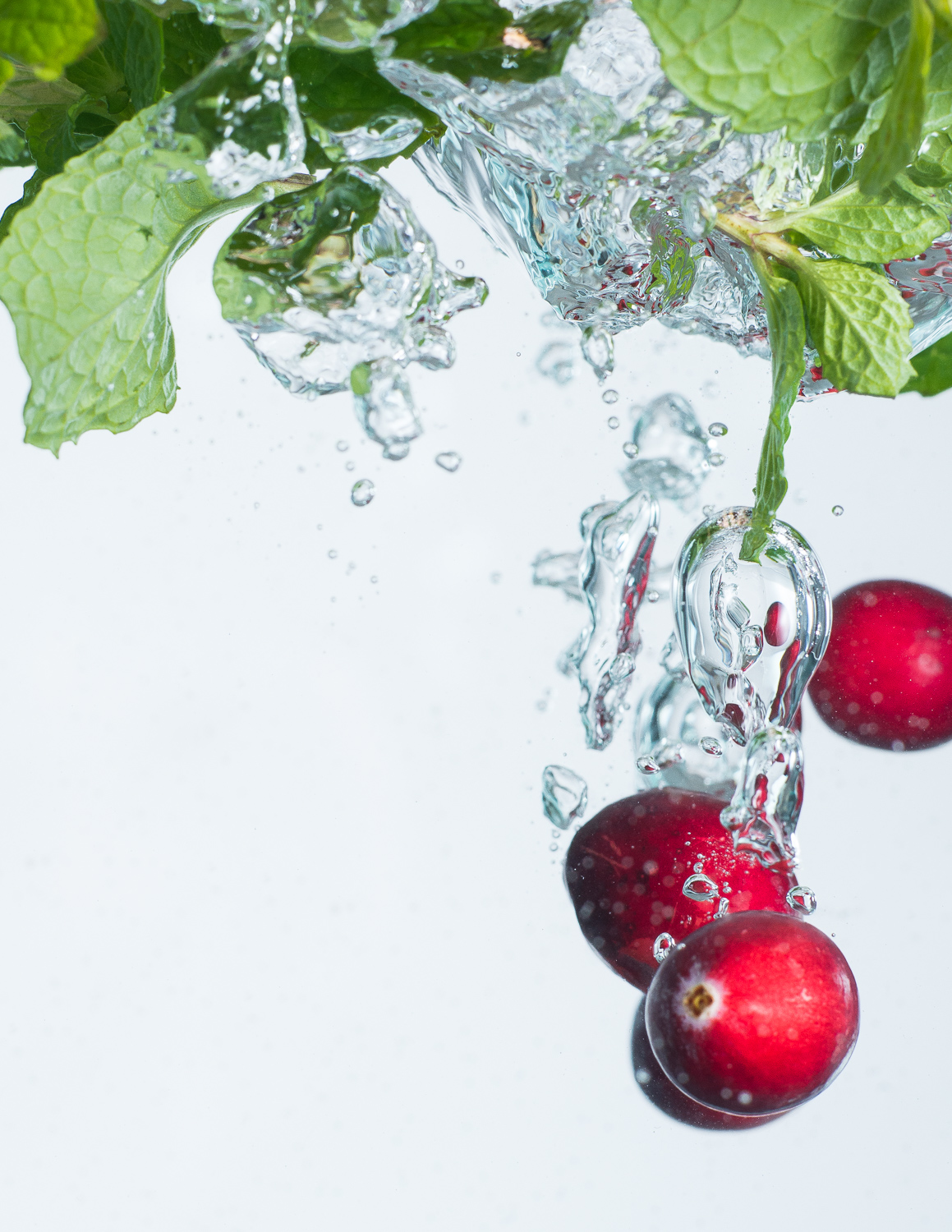 Cranberries and mint in water food photography
