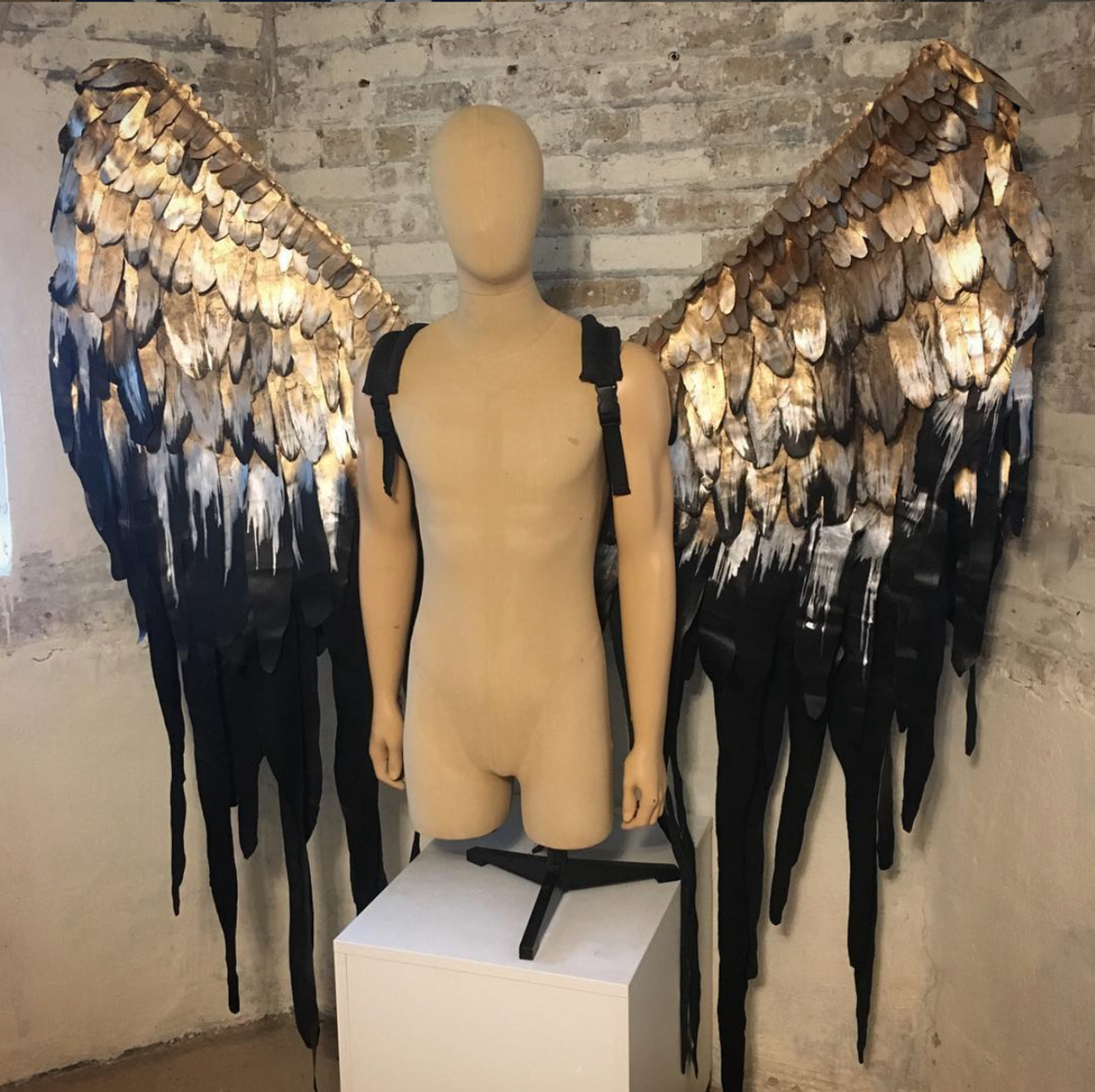 Leather feathered wings for Mary Shelley’s Frankenstein, designed by Sully Ratke