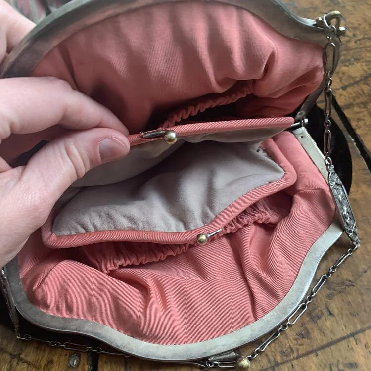  Vintage purse rebuild. Doeskin lined coin pouch, silk lining, silk velvet exterior. 