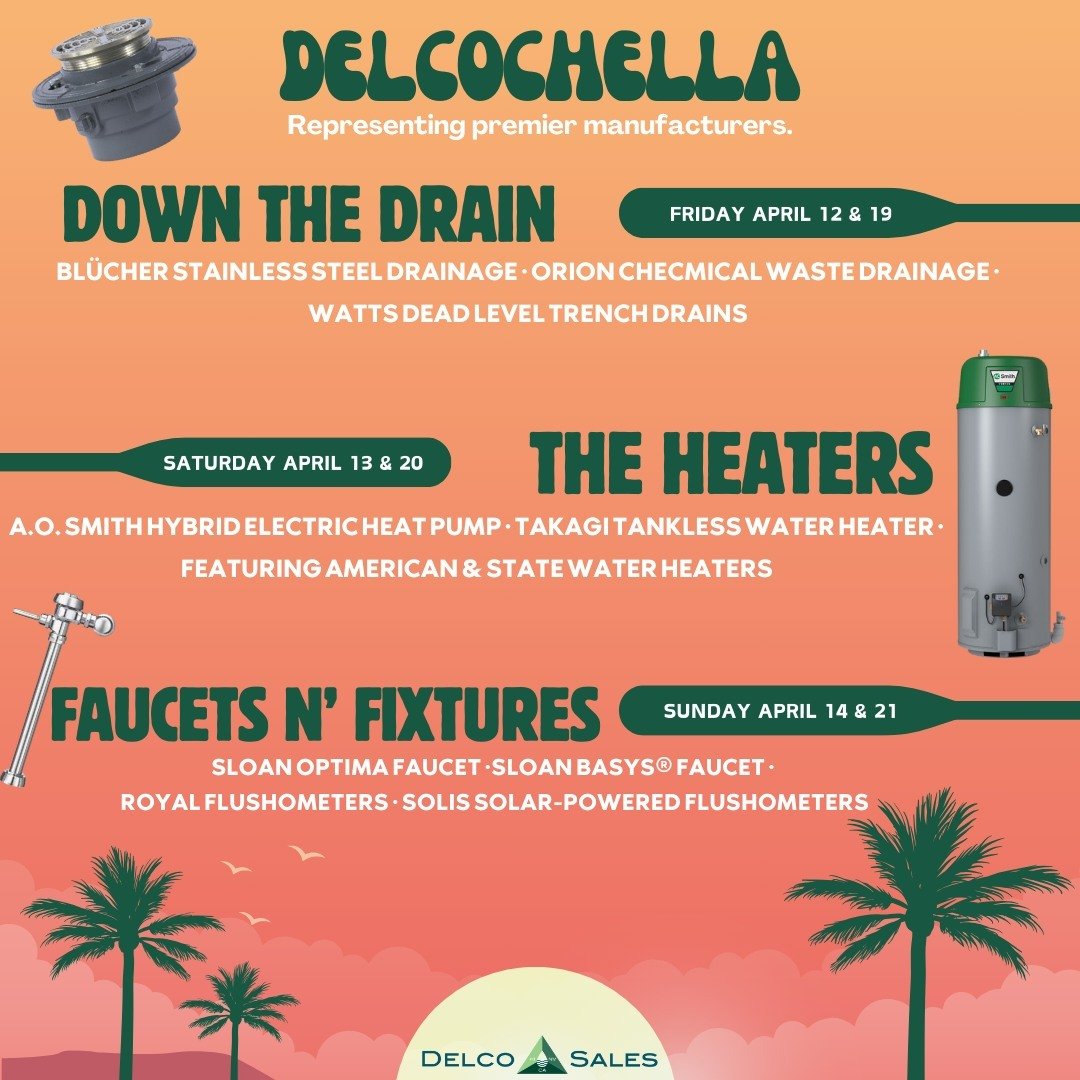 Introducing Delcochella! 🏜️🎶 Just in time for festival season and featuring some of our favorite headliners, @wattswater, A.O. Smith, and @sloan_valve! 🎤

Want to see these headliners in person? Reach out to your Delco salesperson today! 

#delcos