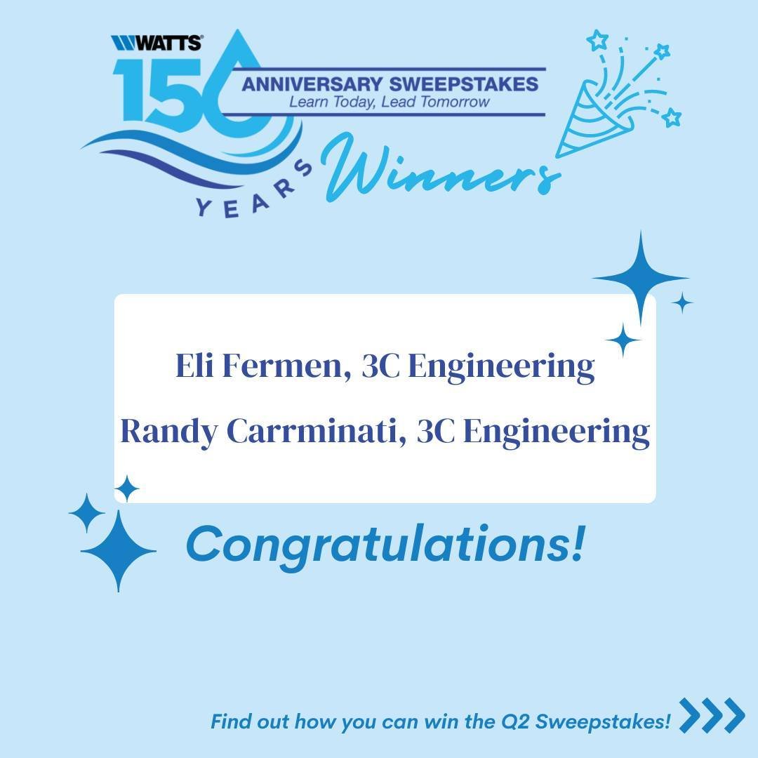 Congratulations to Eli &amp; Randy from @3cengineering for winning @wattswater's Q1 Sweepstakes! 🎉

Missed your chance to win the Q1 Sweepstakes? No need to worry! Watts is kicking off their Q2 &ldquo;Backyard Oasis&rdquo; Sweepstakes with some grea