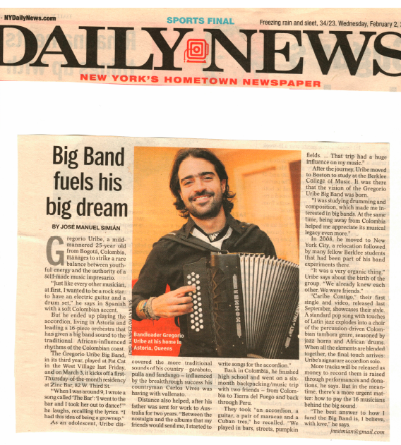 Daily News - "Big band fuels Gregorio Uribe's big dream"