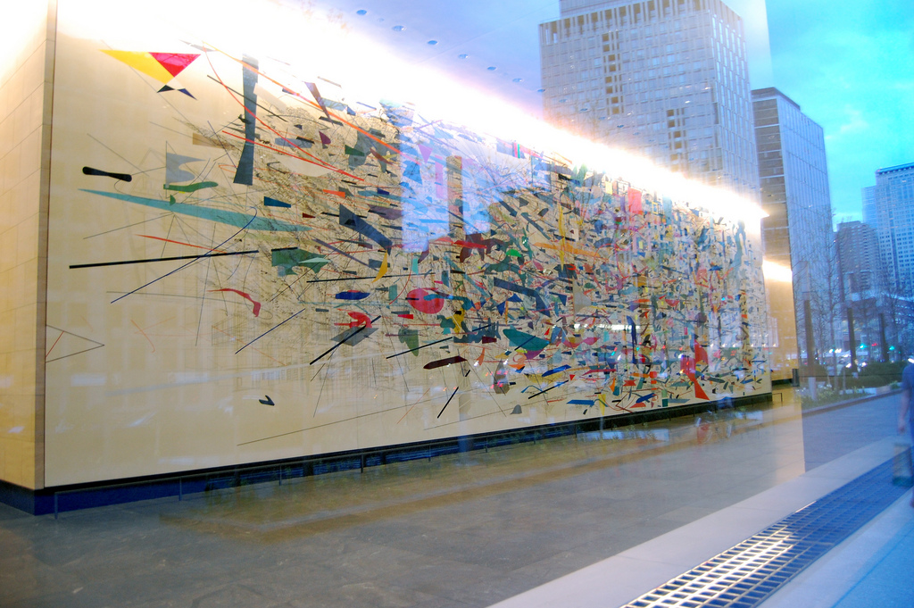 Julie’s Mehretu's most widely known work is an 80-foot-wide mural located in America’s most notorious investment bank Goldman Sachs tower at 200 West Street in New York, entitled Mural