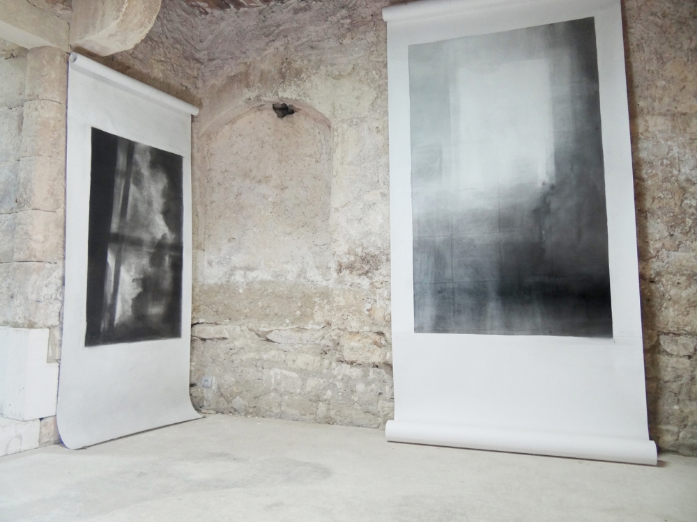 Bruno Albizzati Left: Untitled ( Catskills ), 2013, charcoal powder on paper, 143 x 82 cm Right: Untitled ( Sablons ), 2014, charcoal and graphite powder and black pigments on paper, 200 x 130 cm