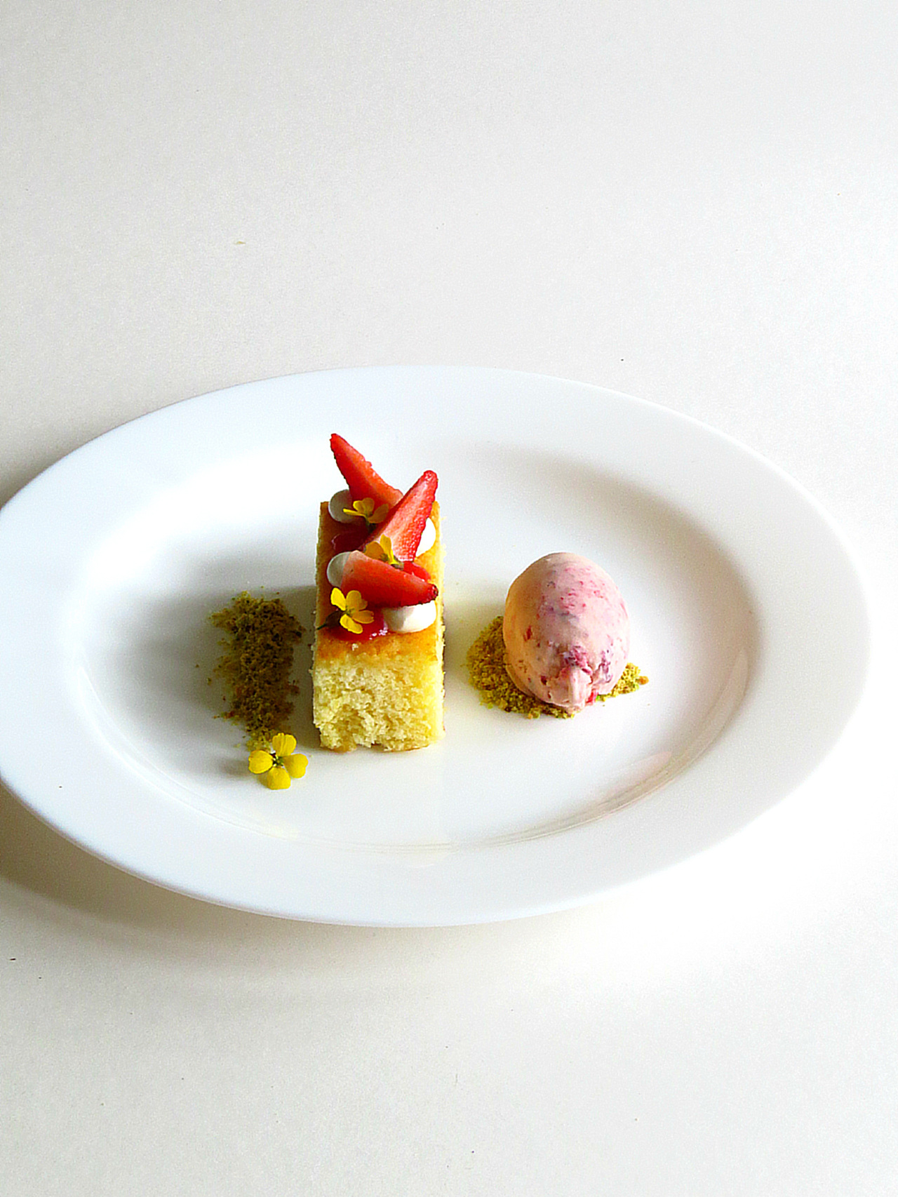 Citrus Madeline Sponge, Strawberries and Cream with Roasted Strawberry and Ginger Ice Cream