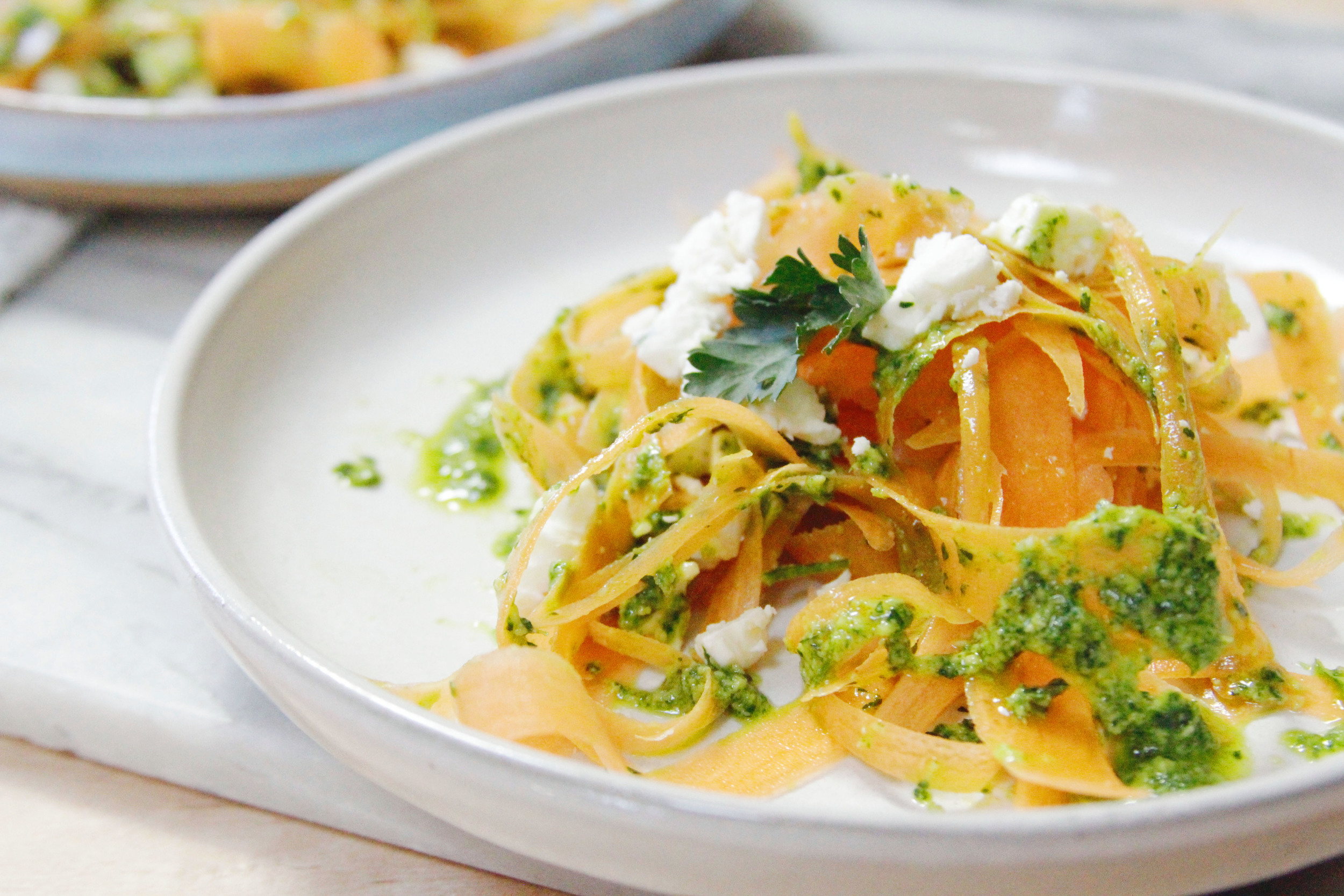 shaved carrots with avocado pesto