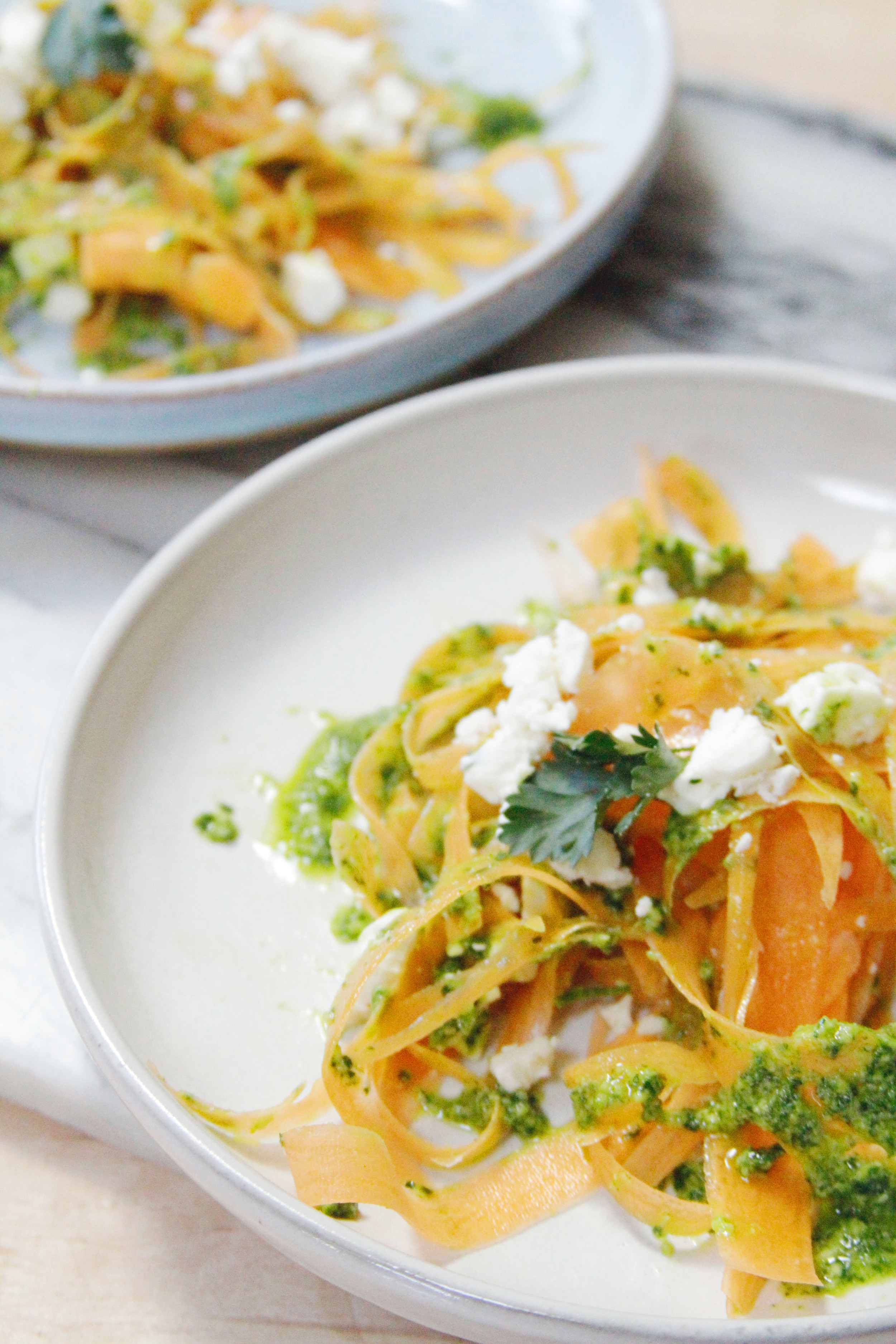 shaved carrots with avocado pesto