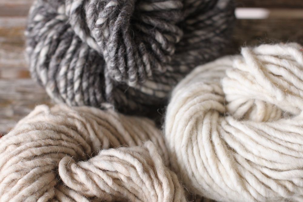 Three gorgeous natural shades in our new Spira Hand SpunClockwise from top: Mid grey, white and fawn