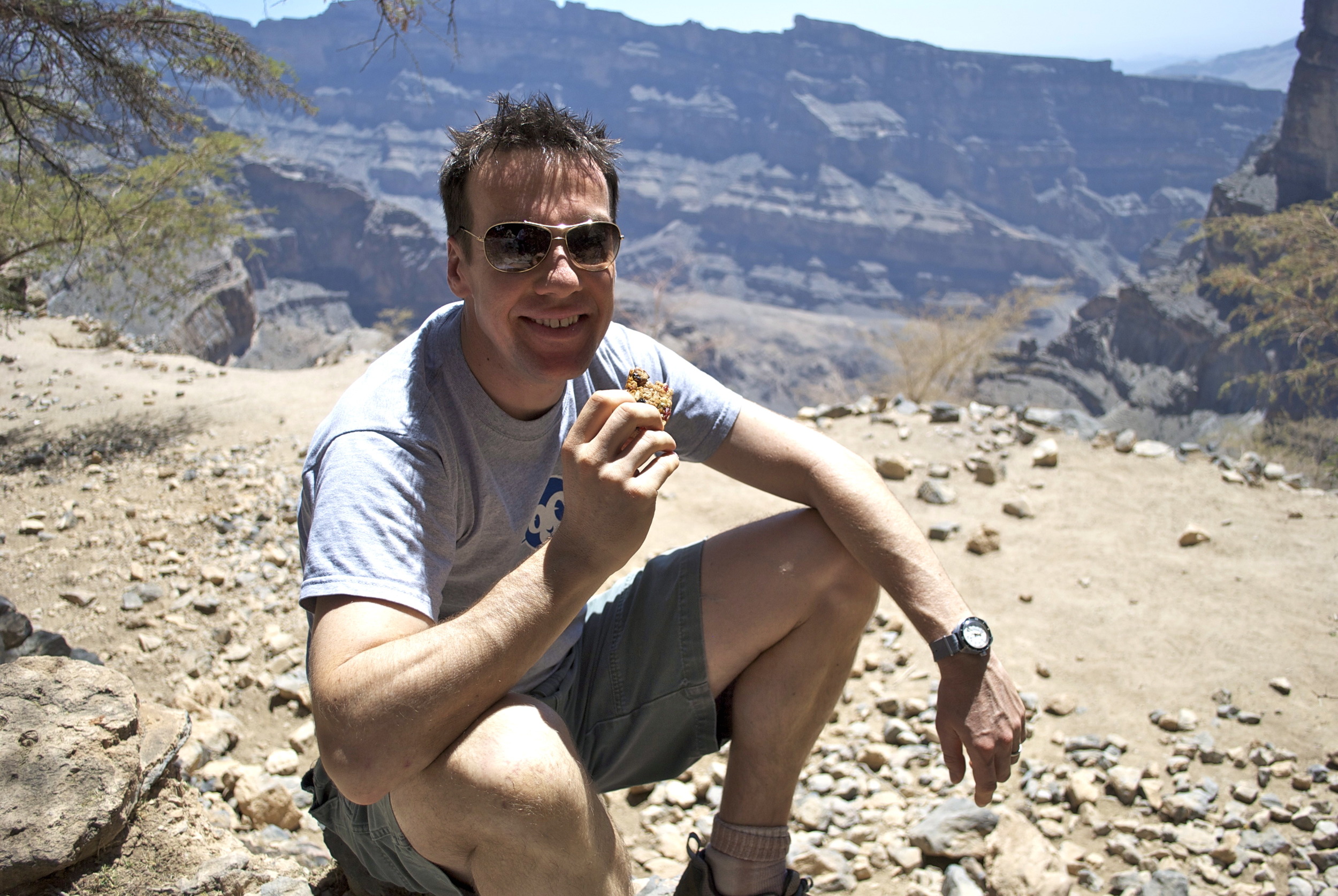 Our friend Steve on a trip to Oman. The hotel staff went on strike so he and his wife Becky survived on Clotho's granola bars and other baked goodies from her kitchen.