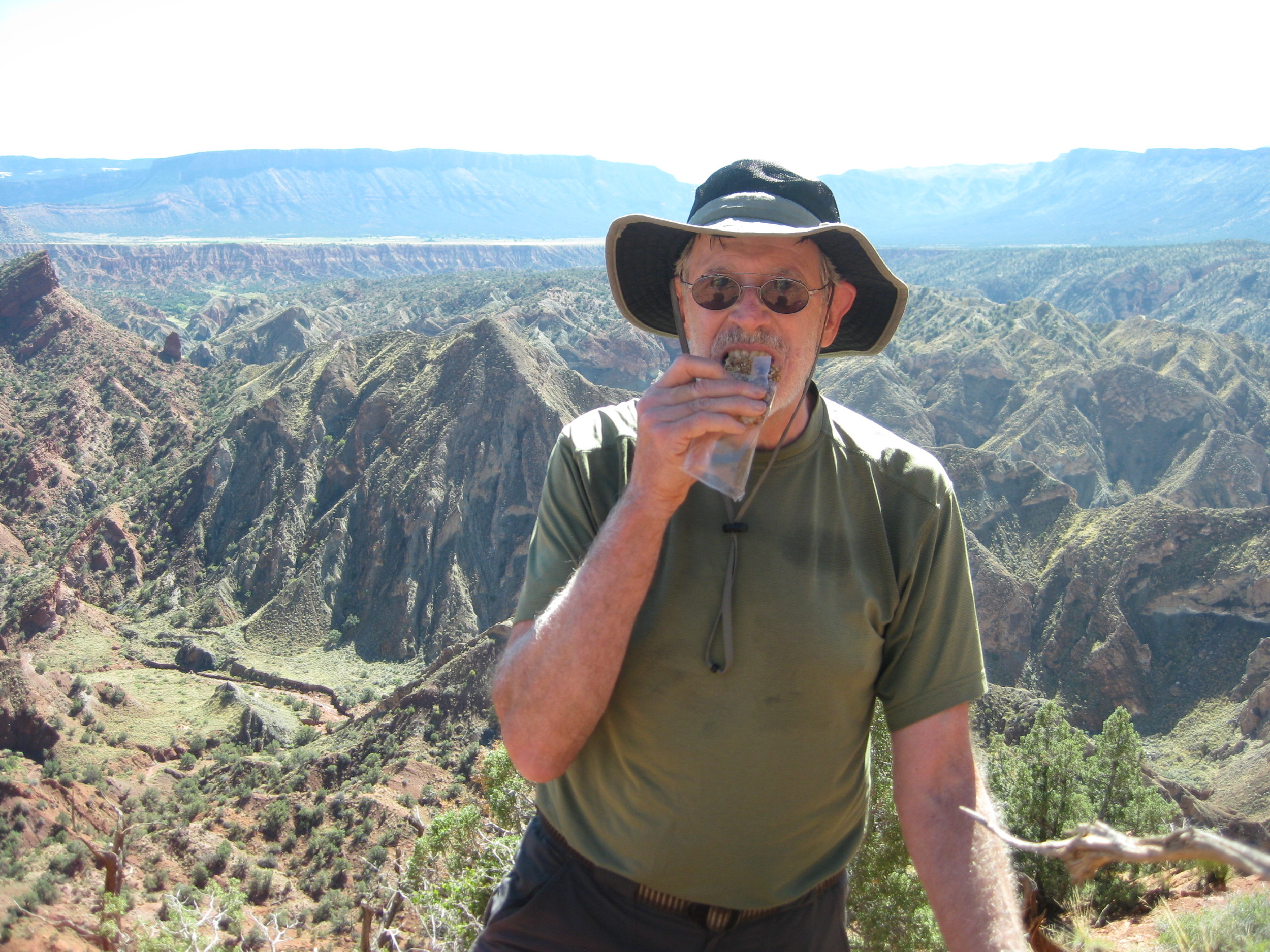 Bill and his pal John (see photo below), both from Durango, CO took a package of granola bars with them as they hiked and rappelled in the Fisher Towers area, east of Moab, Utah.