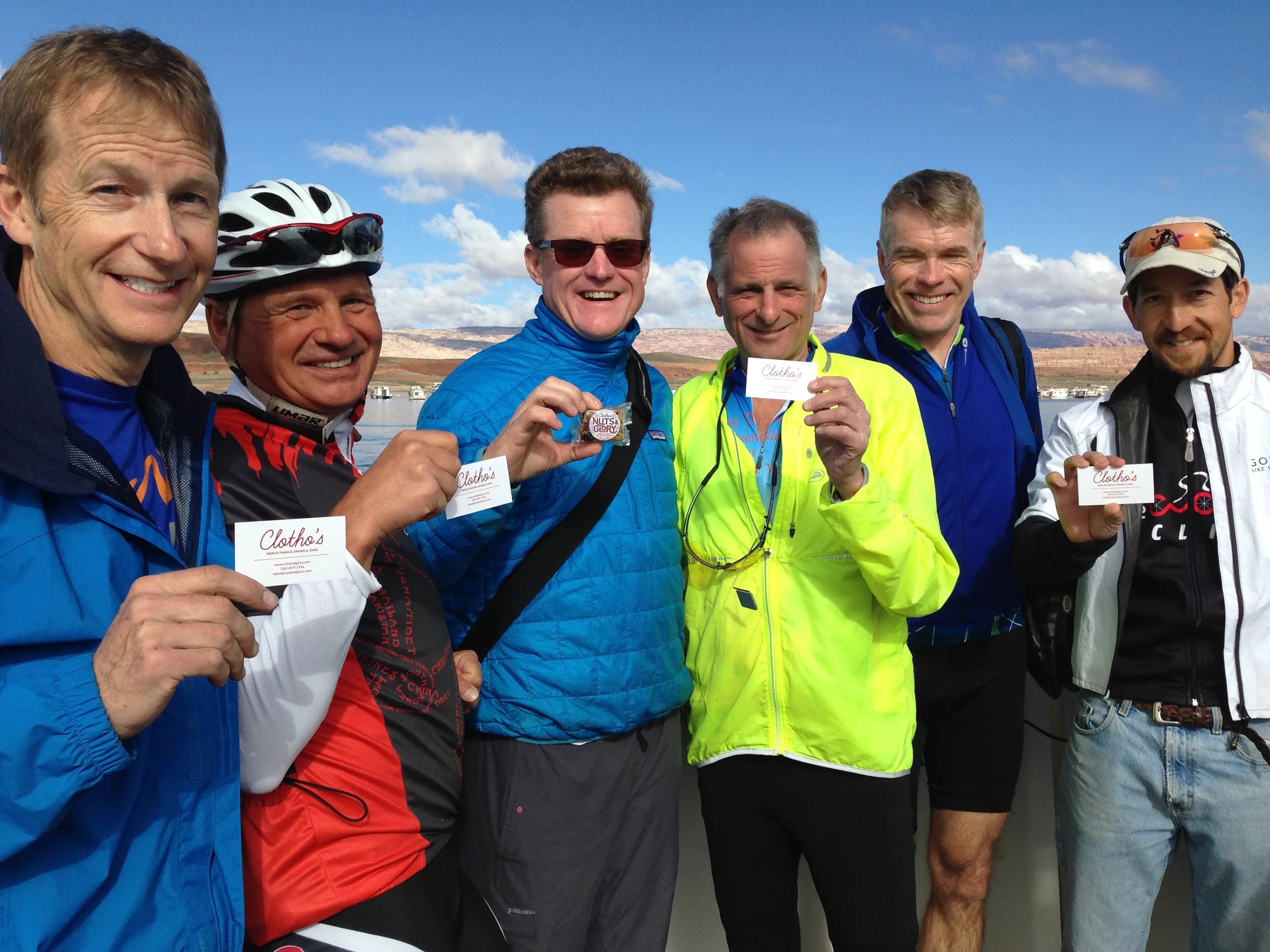 Jeff, Andrew, Will, Fred, Daryl, and Brant posed for this photo on the Lake Powell ferry crossing. They were traveling across Utah by bike and eating Nuts and Glory along the way!