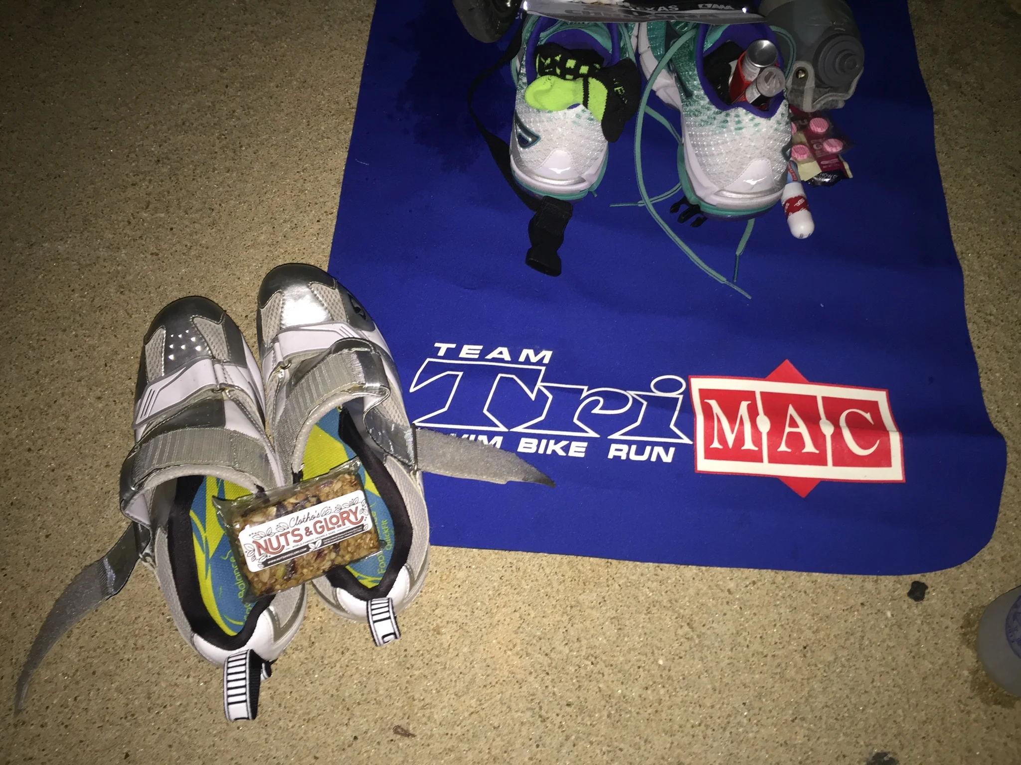 Christina from Houston sent this photo of her transition mat, taken in the pre-dawn hours before Ironman Texas 70.3. Check out that Nuts and Glory granola bar placed strategically on her cycling shoes...ready to go! Super awesome. Thanks Christina!