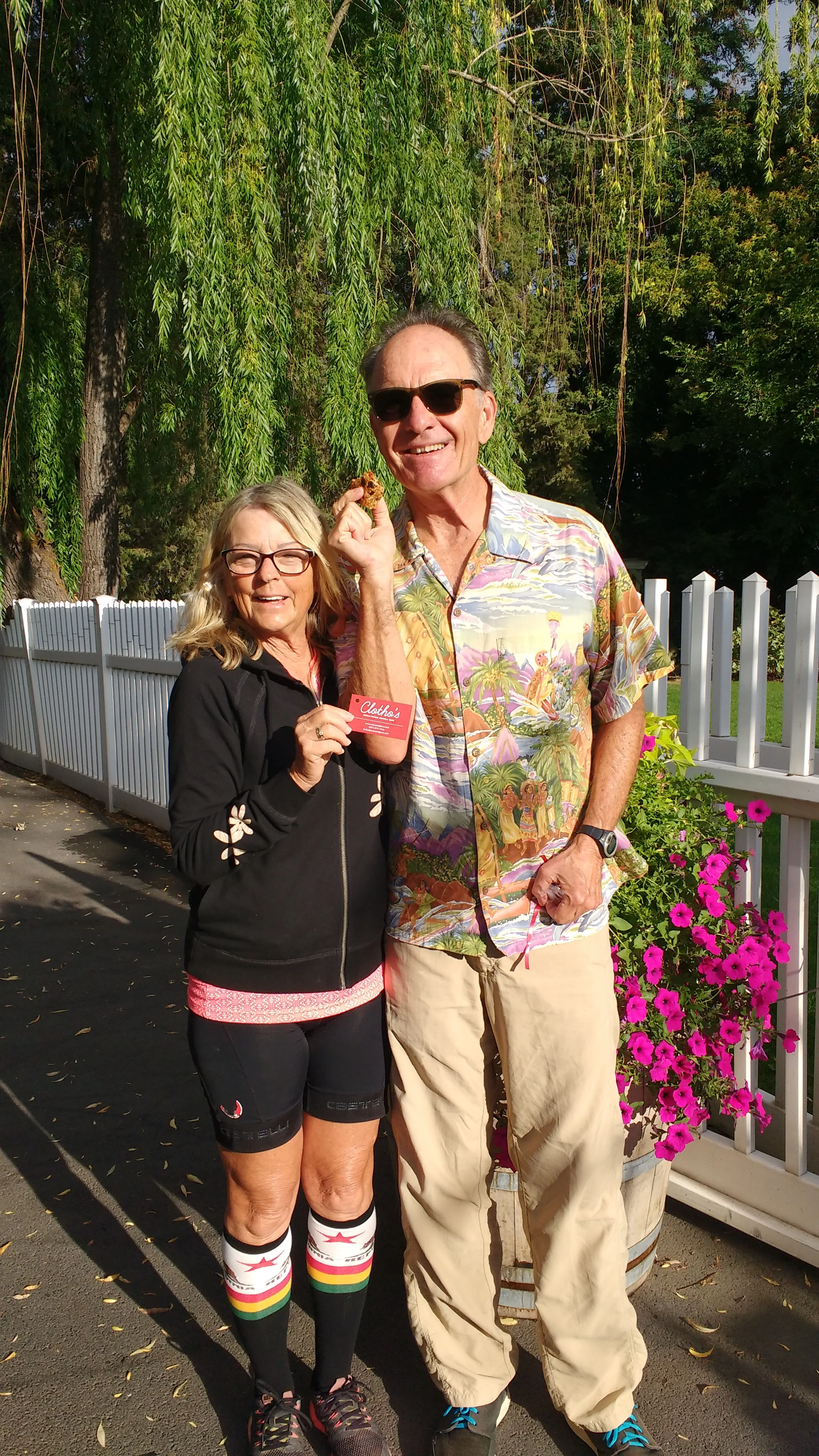 Romance novelist Kat Drennan and her muse/sweetheart/main squeeze Fred shared this photo from the garden of the Birchfield Inn near Yakima, Washington. They started the day sharing a Nuts and Glory granola bar in the sunshine before bicycling through the Yakima valley. 