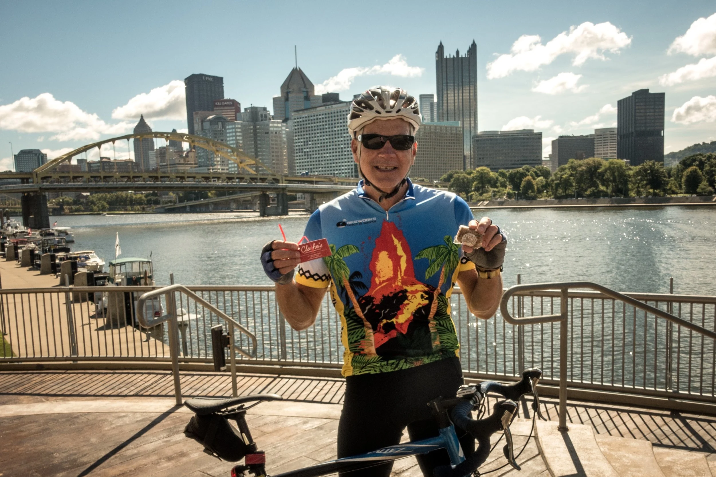 Bill from Pittsburgh sent this photo...that's downtown Pittsburgh and the Allegheny River in the background. What a gorgeous day for a bike ride! I hear Bill leads an awesome Tuesday night ride with BikePGH.org...check it out!
