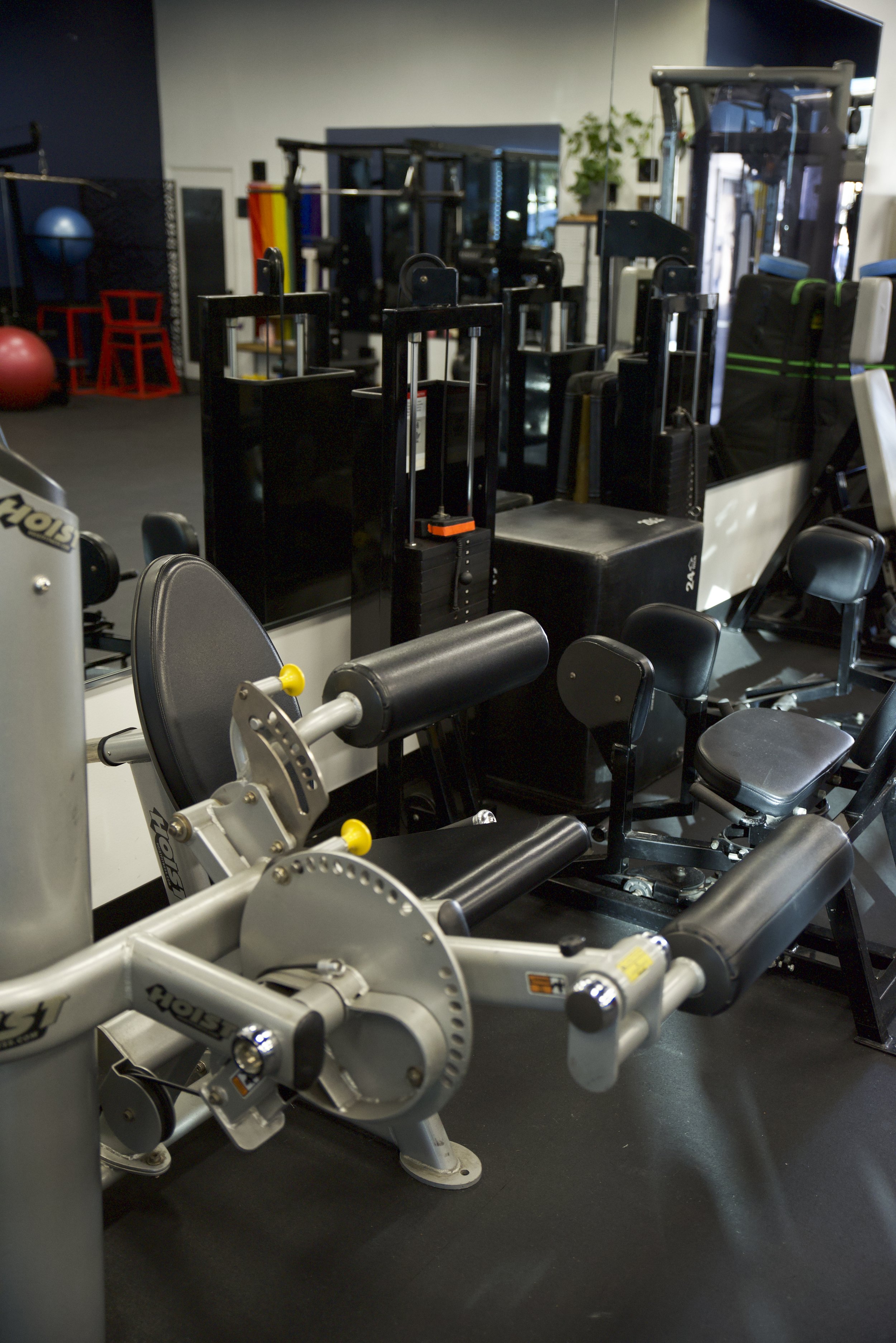 Gym interior with various workout equipment, including a leg curl machine, weight benches, and exercise balls.