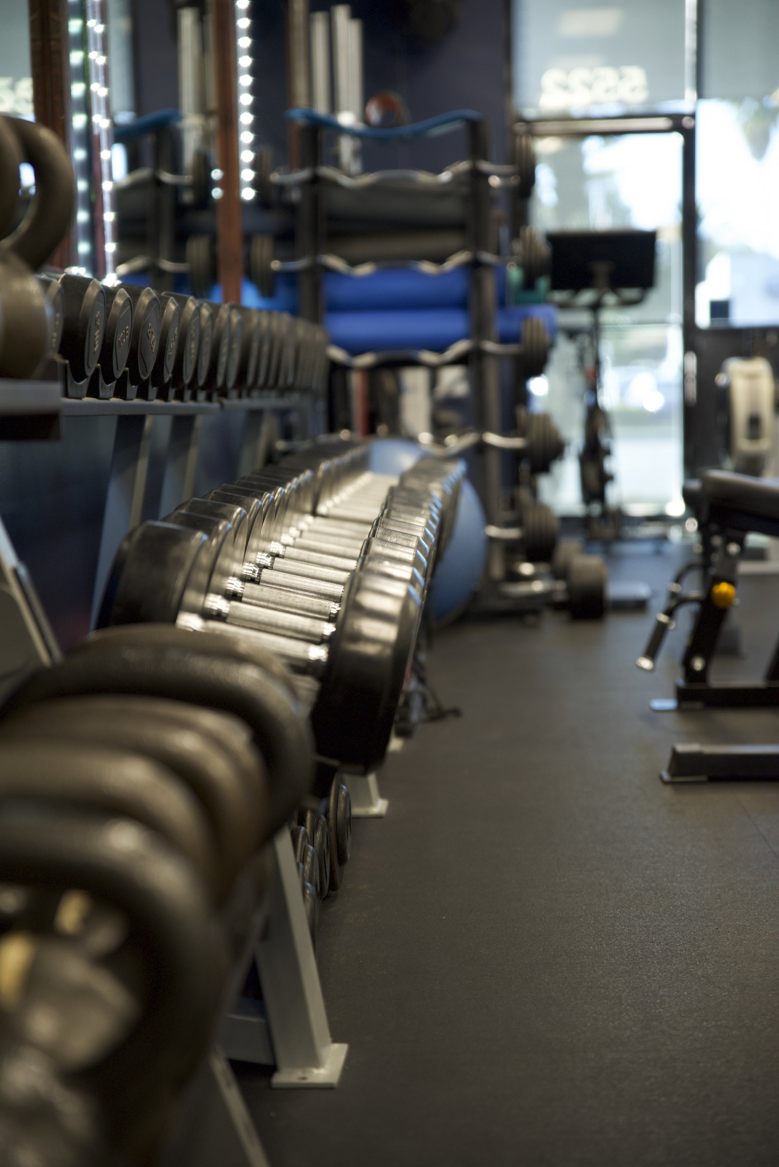Dumbbells and exercise equipment in a gym with windows in the background.
