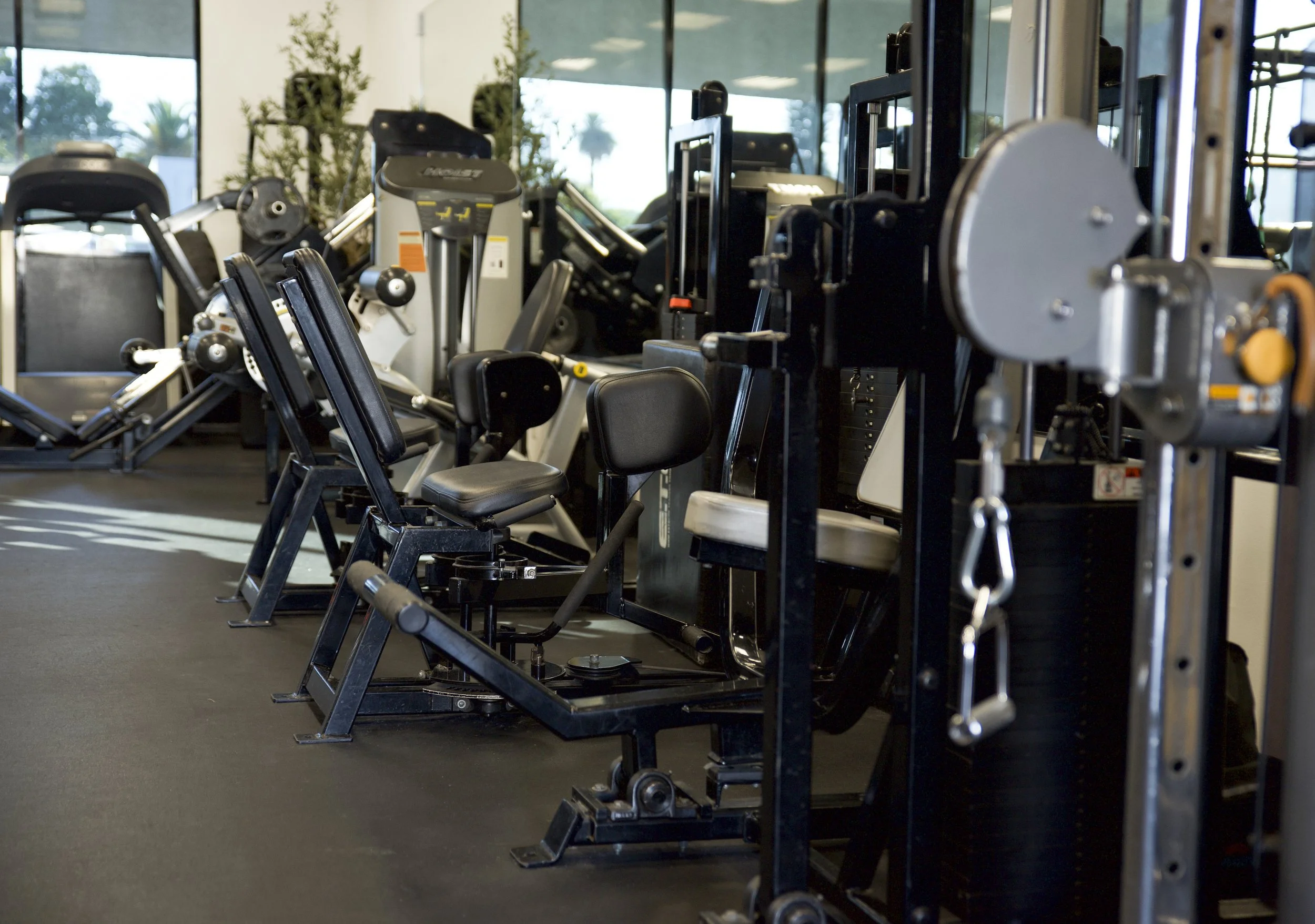 Interior of a gym with various exercise machines and equipment lined up, including weight machines and stationary bikes.