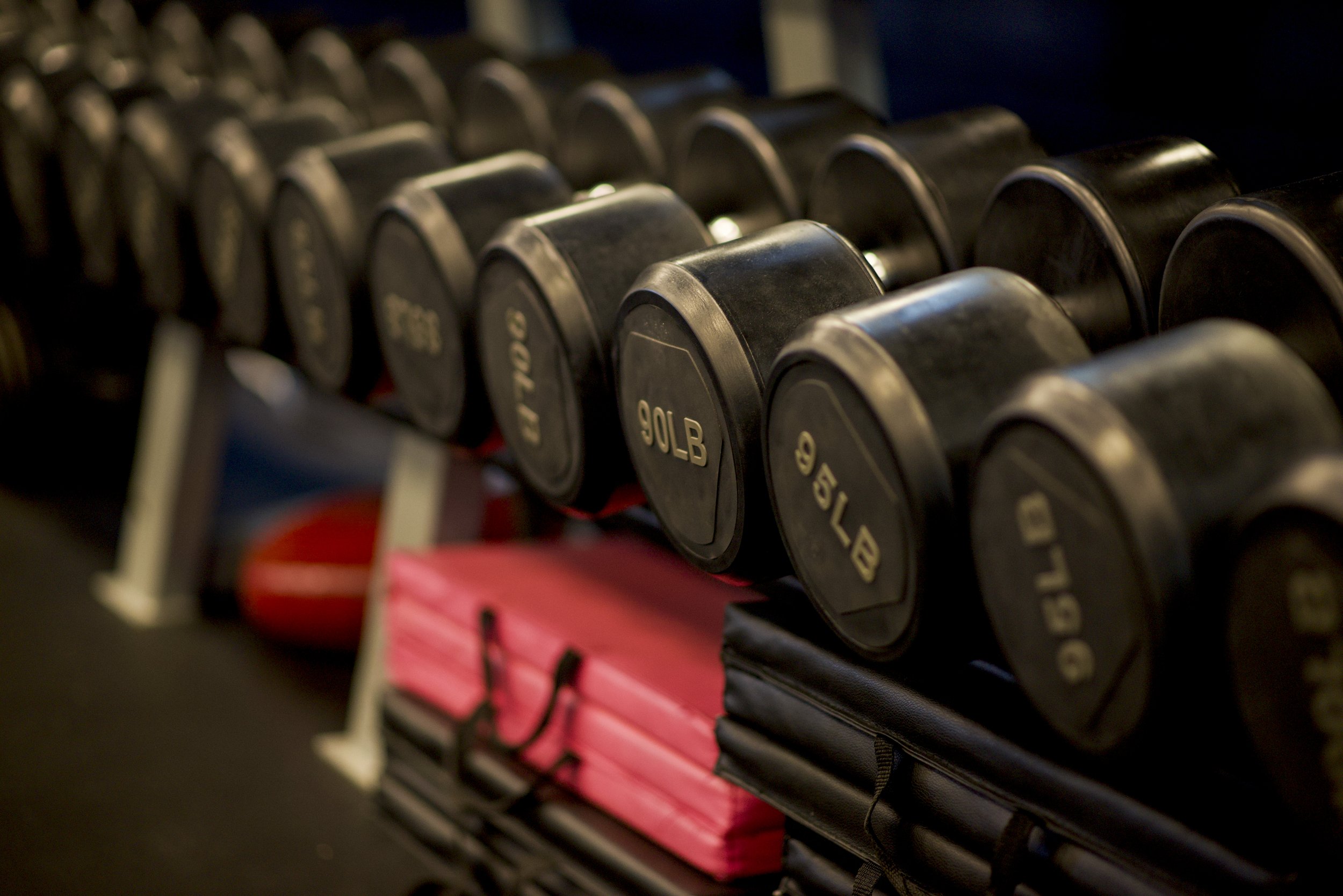 A row of black dumbbells on a rack, with a pink and black resistance band below them.