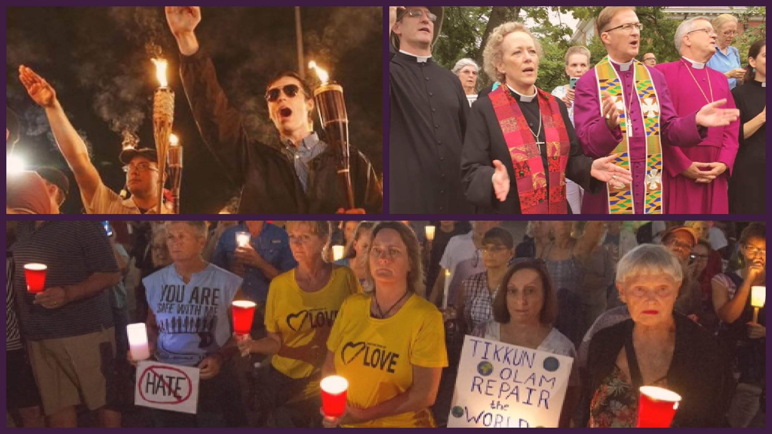Scenes from Charlottesville, August 1987. Friday night's Rally, the Bishops of Virginia attend Saturday in prayerful counter-protest, Wednesday night's vigil for peace.