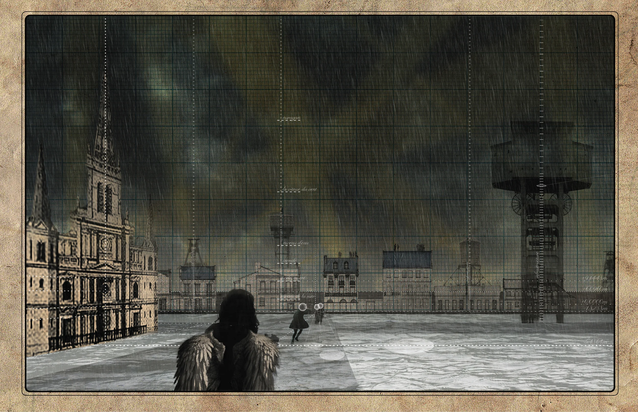 Ovala wades through the flooded city.