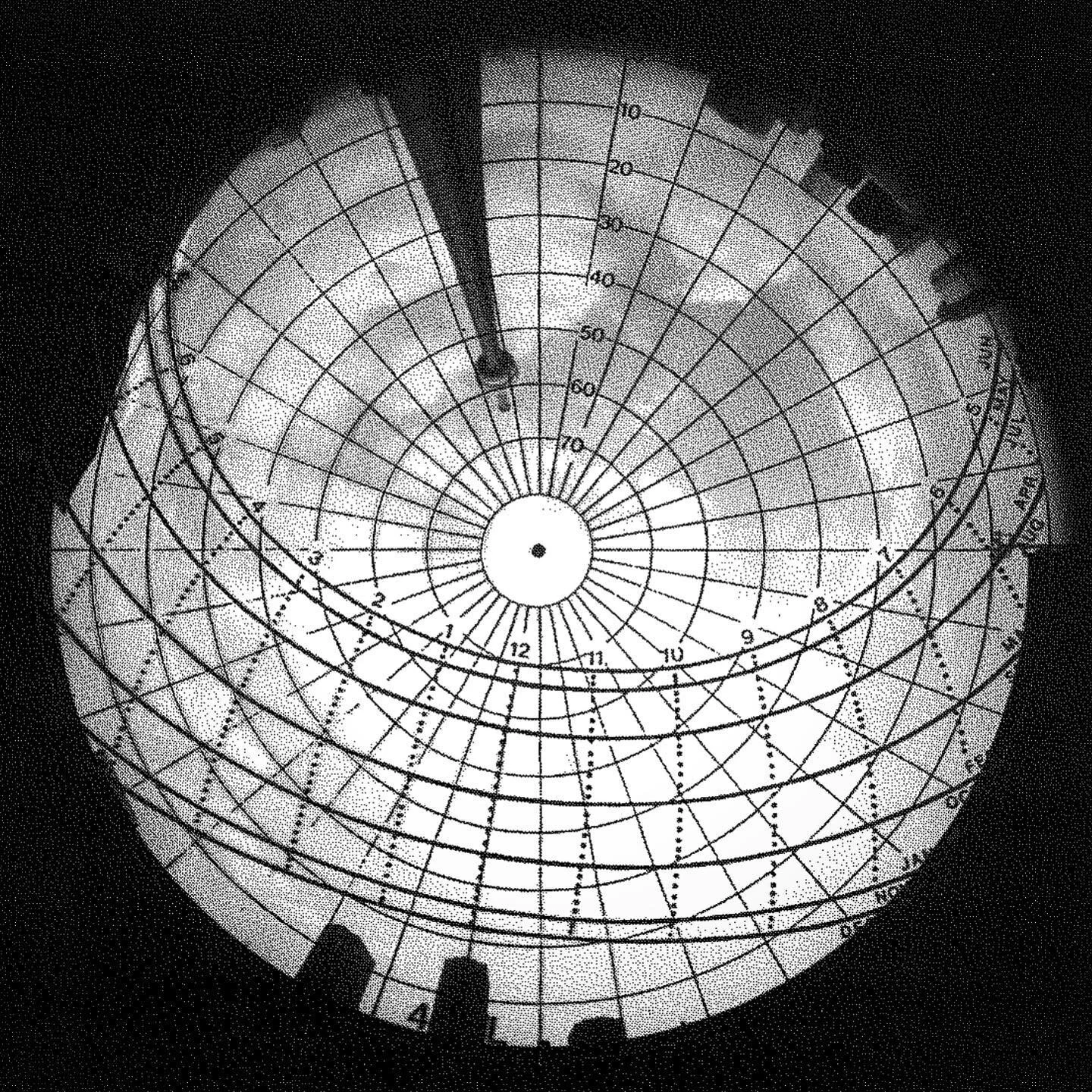 🌇Graphics produced by Peter Bosselmannn in 1990 depicting the sun path over Toronto. The first image shows the skyview captured with a fish-eye lens. The upside down arc formation is the sunpath. Dotted lines represent the hours of the day, while th
