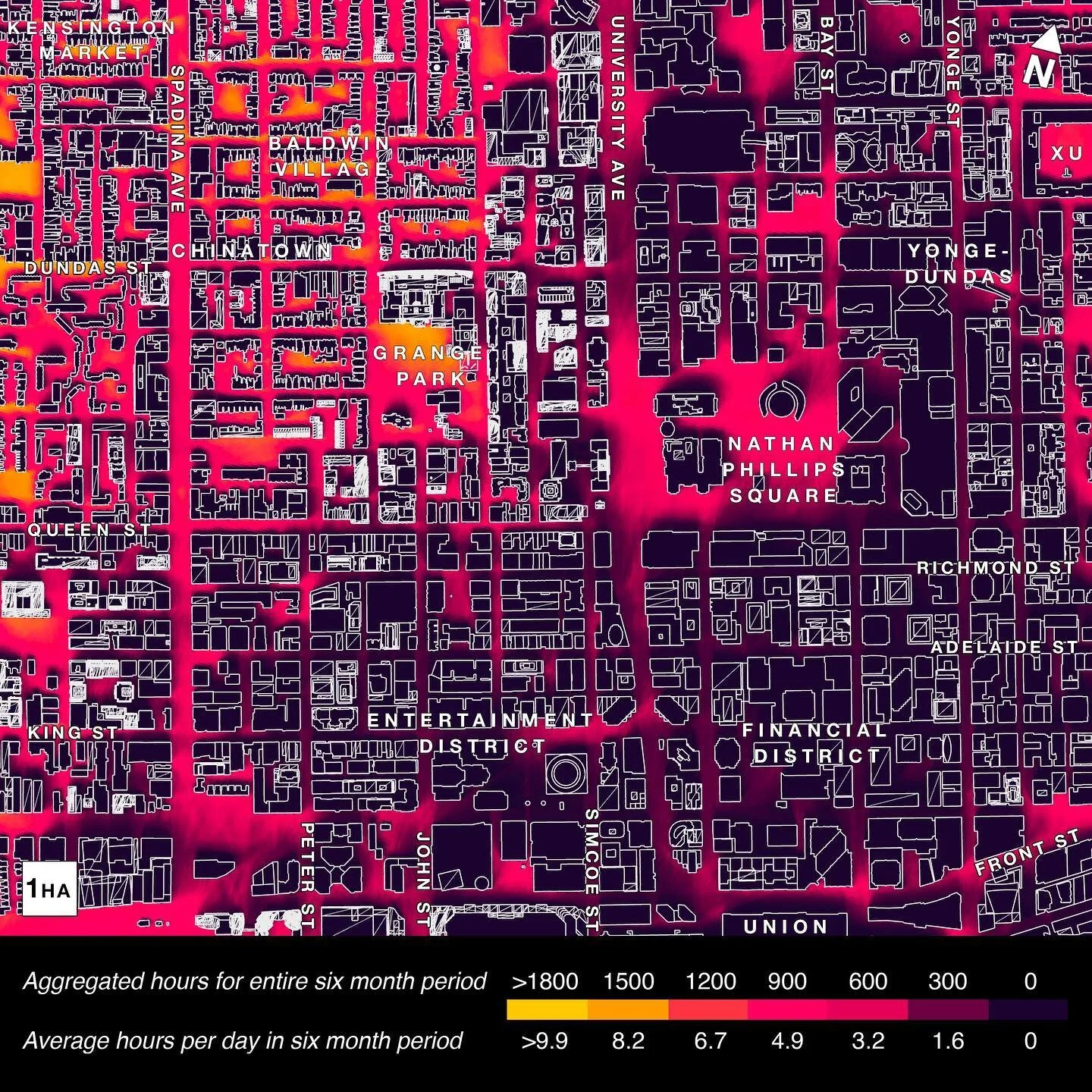 Higher-resolution sunlight maps of Toronto&rsquo;s downtown core. First map shows the sunlight conditions in the darkest half of the year, centred on the winter solstice. The second map shows the sunniest half of the year, centred on the summer solst