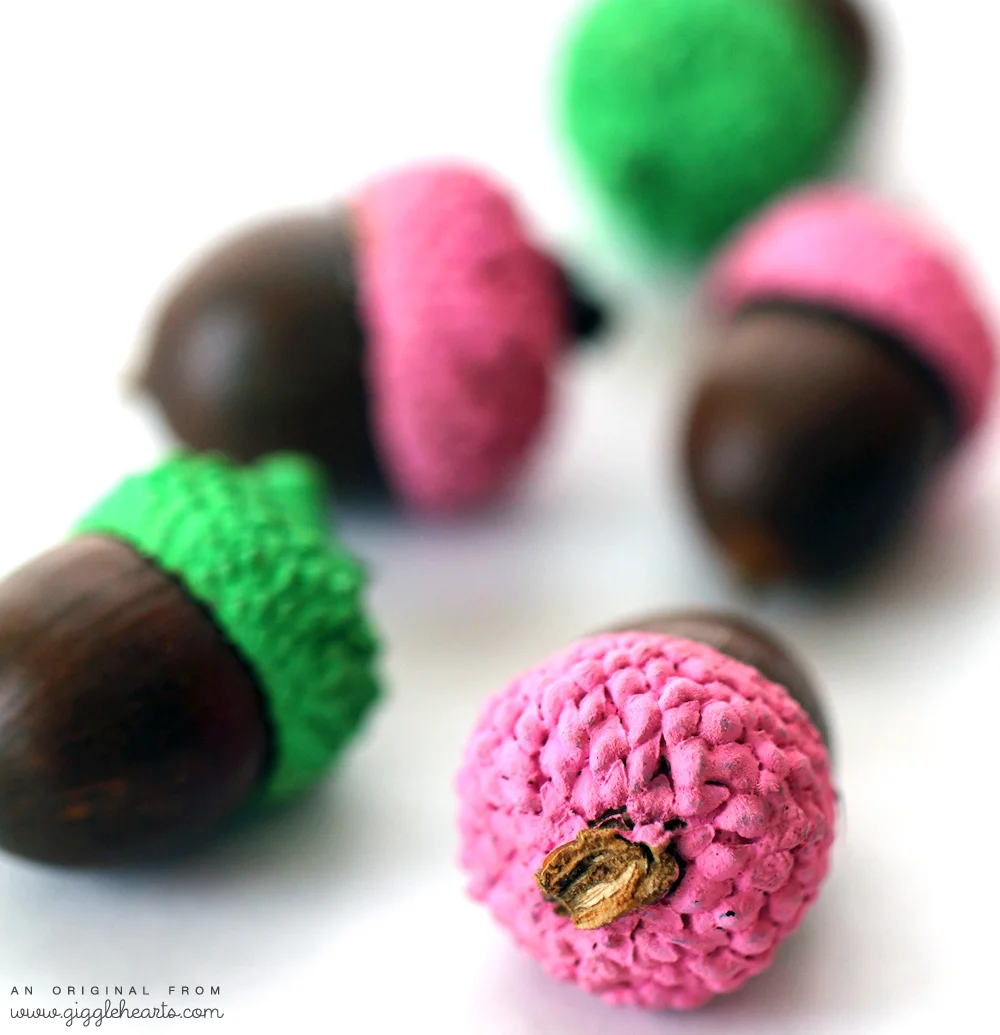 Easily Paint Acorns to match your fall party colors | as seen on www.GiggleHearts.com