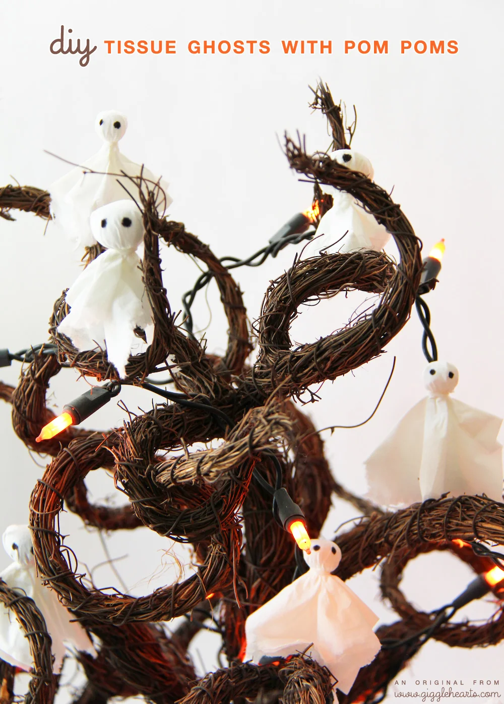 Fun Halloween Craft : DIY Tissue Ghosts with Pom Poms and Hairties / as seen on www.GiggleHearts.com