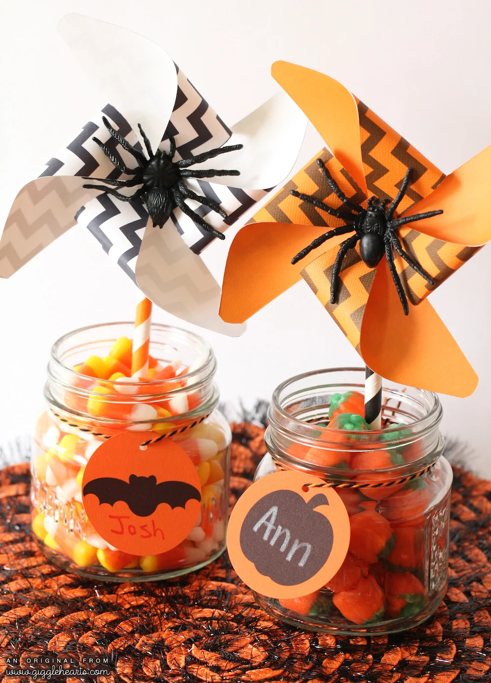 Printable Chevron Halloween Pinwheels with Cute Tags to Write Guest Names On / from www.GiggleHearts.com