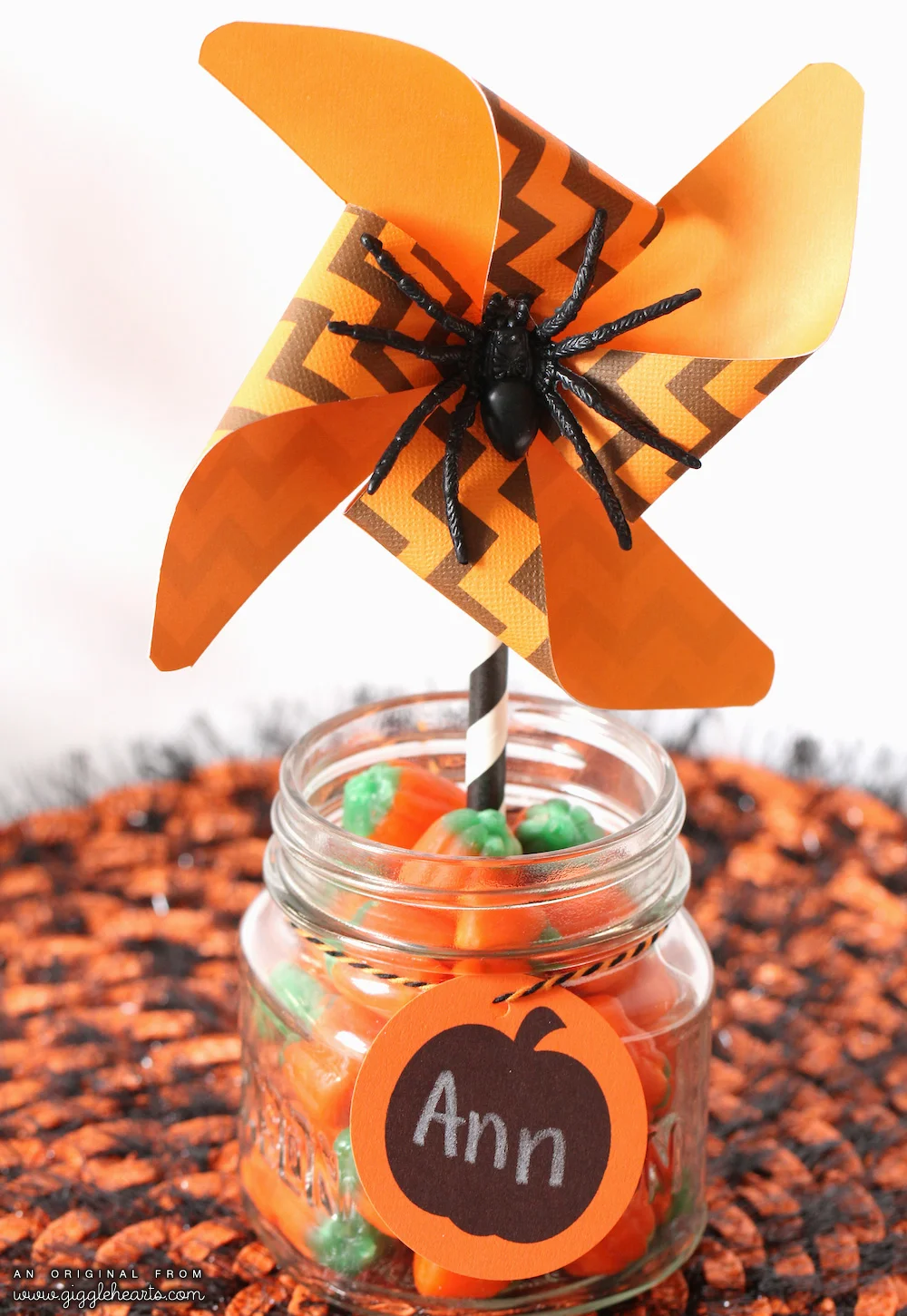 Printable Chevron Halloween Pinwheels a Spider and a Cute Pumpkin Tag to Write Guest Names On / from www.GiggleHearts.com