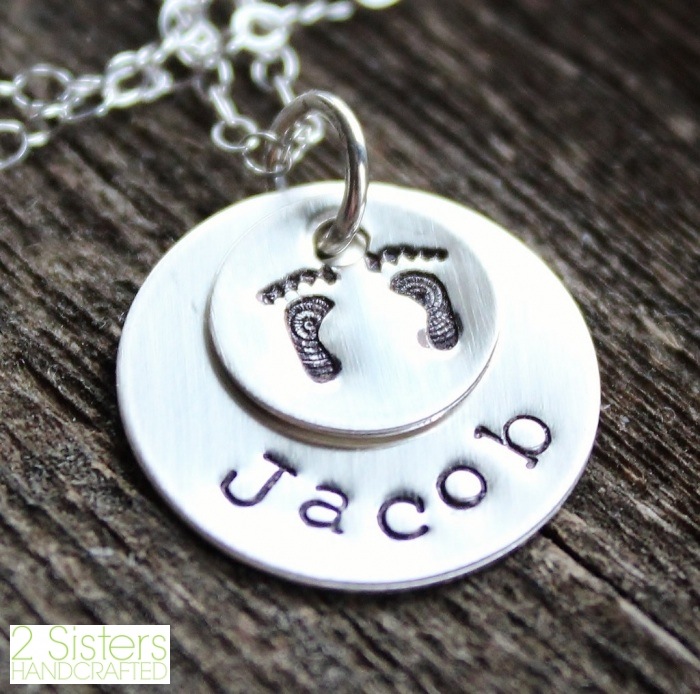  Personalized Mommy Sterling Silver Necklace with Stamped Baby's Feet from 2 Sisters Handcrafted 