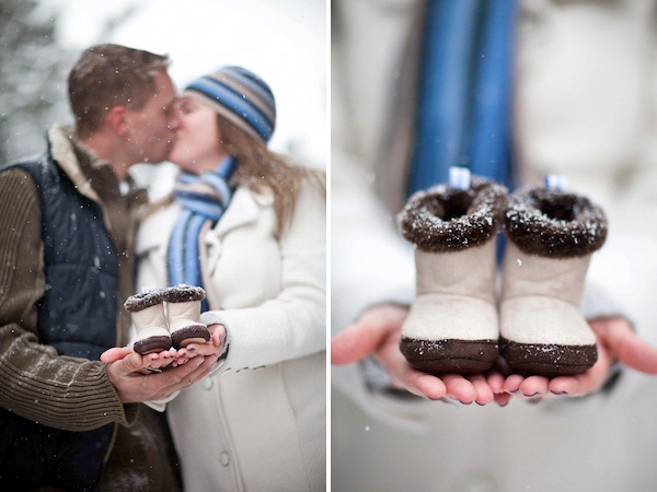 The Sweetest Photo from a Winter Wonderland Maternity Photo Session - loving the baby boots / photo by White Photographie / as seen on www.GiggleHearts.com
