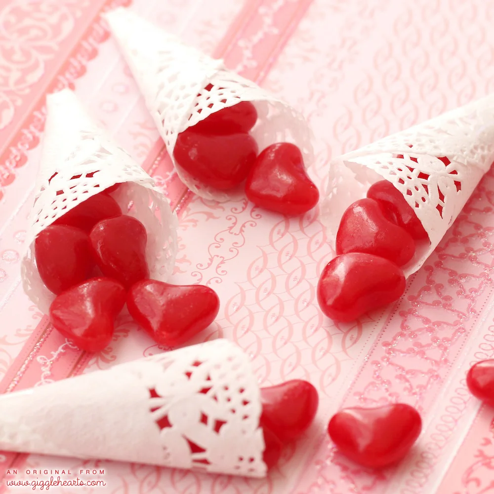 DIY Paper Cones for Valentine's Day / Valentine’s Day Crafts / Mini Paper Doily Cones for Valentine’s Day Candy or Confetti Holders / Valentine Party Favors / As seen on Giggle Hearts www.GiggleHearts.com