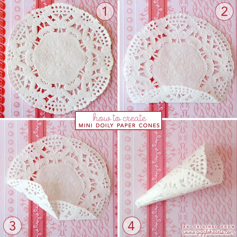 4 Quick and Easy Steps to Folding a Mini Paper Doily Cone / as seen on www.GiggleHearts.com
