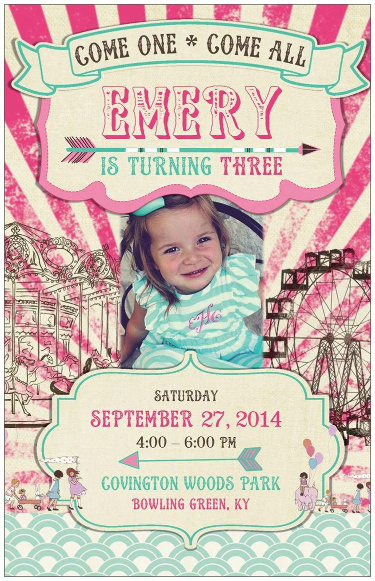 An adorable pink and aqua birthday party invitation with modern and vintage touches / created by EAE Personalized Creations / as seen on www.GiggleHearts.com