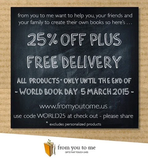 From You To Me is offering 25% off PLUS Free Delivery to celebrate World Book Day - valid only on March 5, 2015 - as seen on www.GiggleHearts.com
