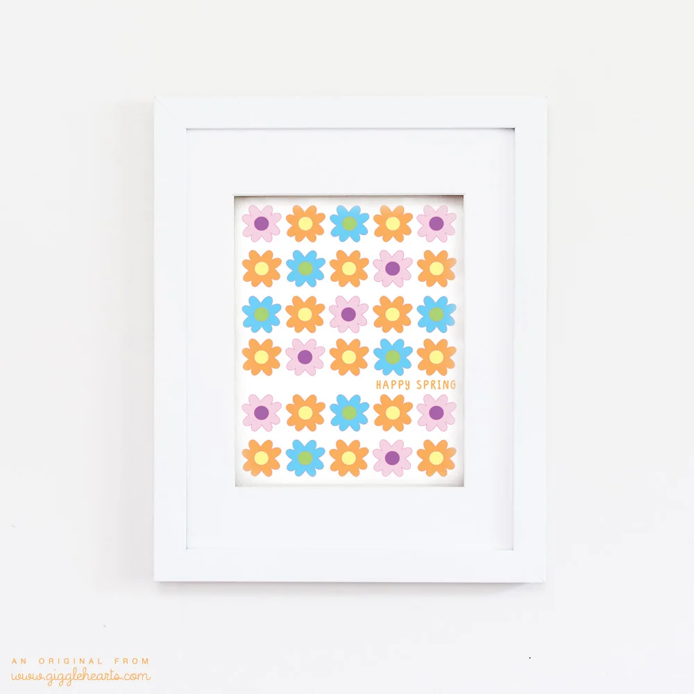 Free 8x10 Groovy Flowers "Happy Spring" Printable from www.GiggleHearts.com - you can frame it, make them cupcake toppers, or string together for garland