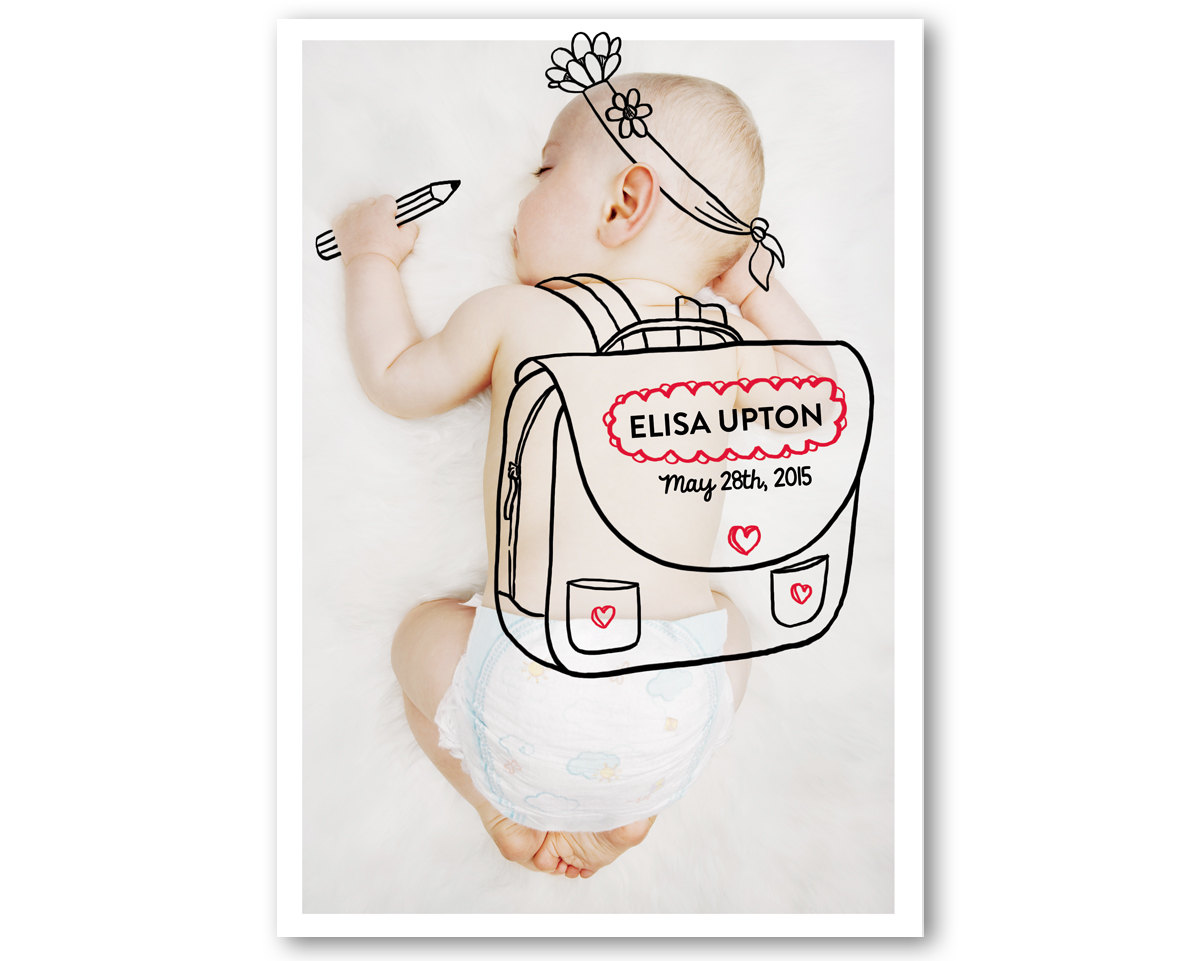  Sweet Birth Announcement with a Digital Drawing on your Favorite Baby Photo - this one . . . school is hard work 