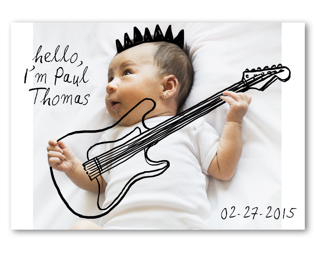  Sweet Birth Announcement with a Digital Drawing on your Favorite Baby Photo - this one . . . I'm a rockstar 