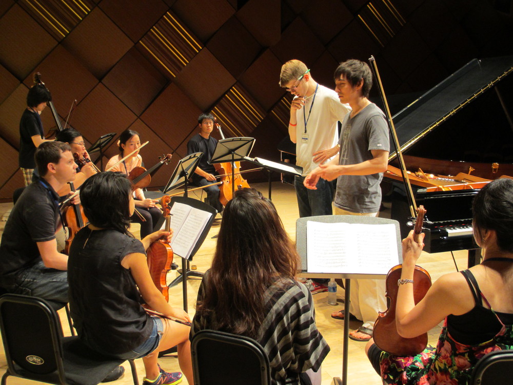 Rehearsal for a piano concerto in a nice hall