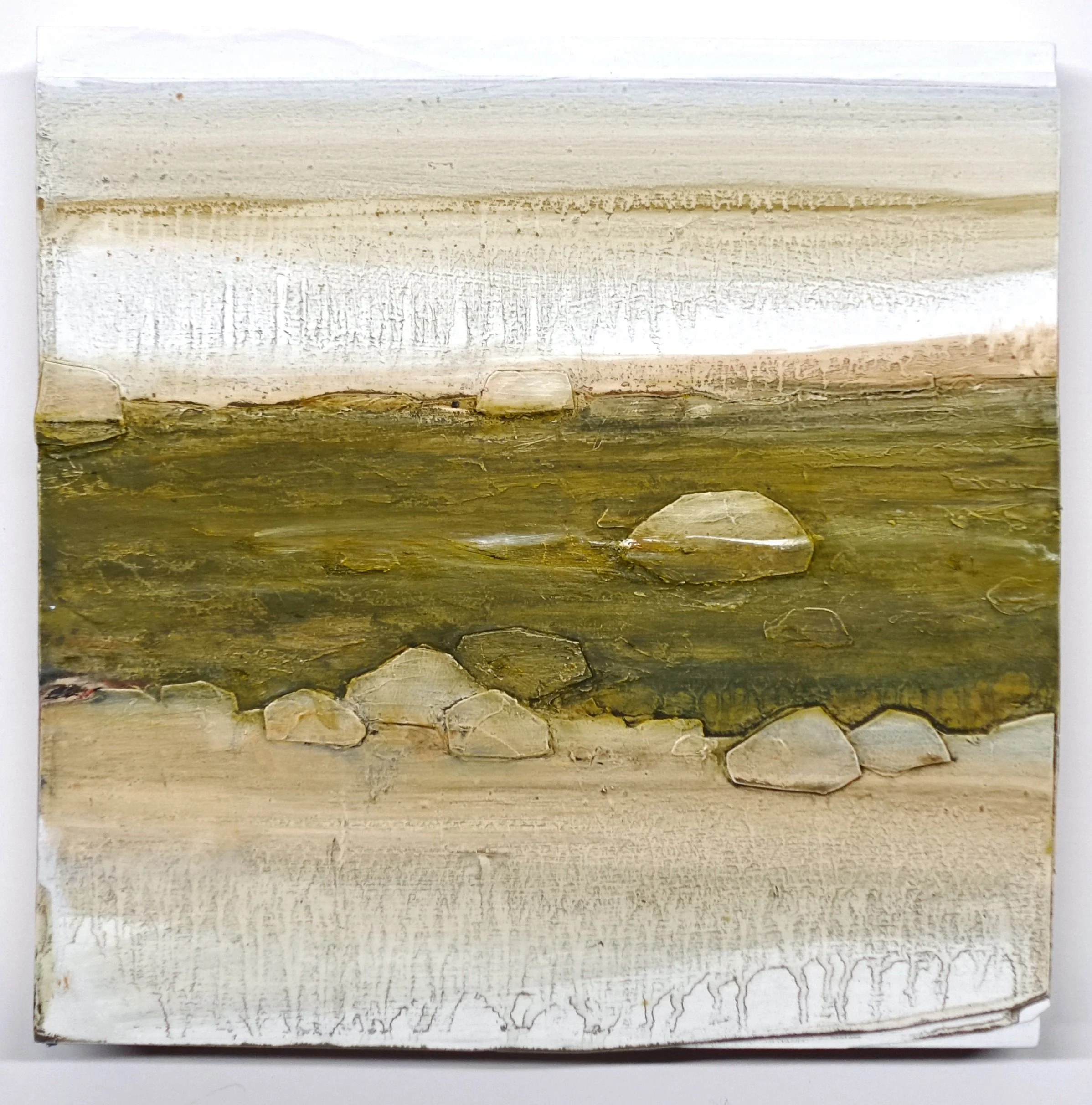   Laminae 21      (green river)   oil, paper, on panel  8 × 8”  2026     