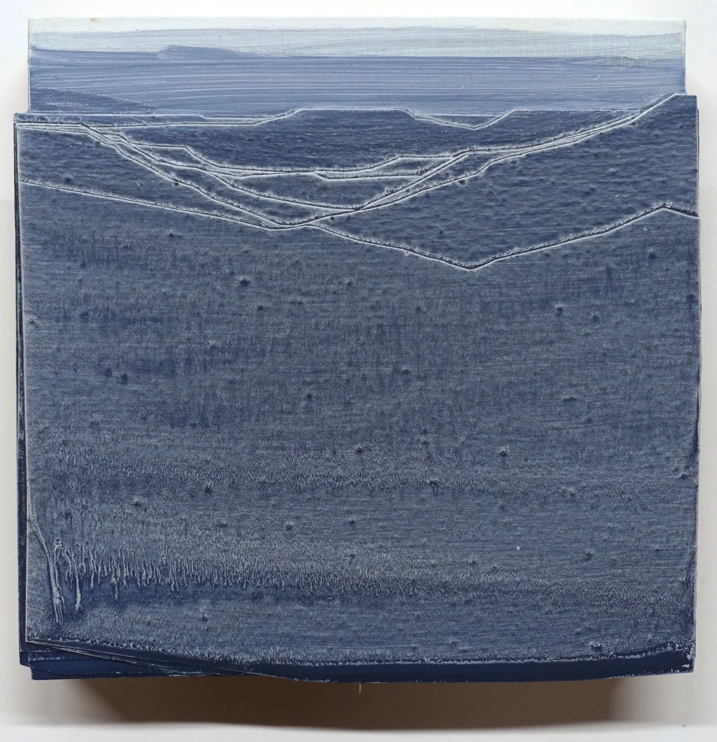   Laminae 25 (blue valley)   oil, paper on panel  6 × 6”  2026     