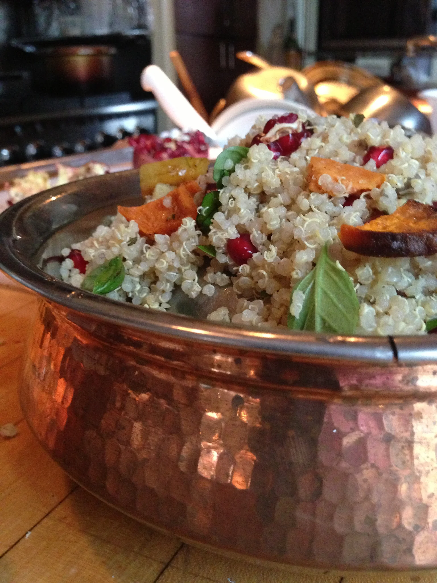 Pearls of quinoa toss with three types of yam and roasted rainbow carrots.