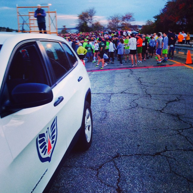 Newport Shipyard pace car at start line of 2014 Pell Bridge Run